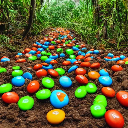 Image similar to peanut m&m boulders in a jungle landscape