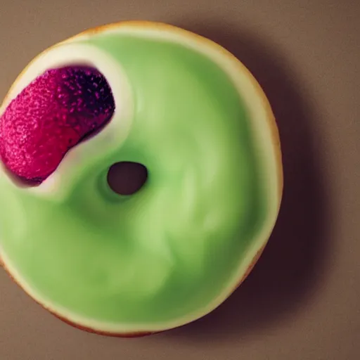 Prompt: Perfectly circular donut!!!!! in the style and shape of a lychee!!!!!!, blended colors!!!!!, trending on artstation, 4k, 8k, professional photography, overhead shot, 35mm lens