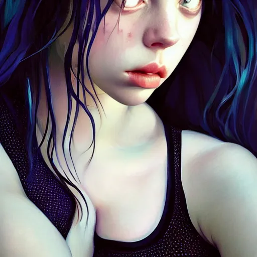 Image similar to a beautiful billie eilish kat dennings alluring gravure model in elaborate latex tank top, by guweiz and wlop and ilya kuvshinov and artgerm and makoto shinkai and studio ghibli, symmetrical eyes, aesthetic, gorgeous, stunning, alluring, attractive, artstation, deviantart, pinterest, digital art