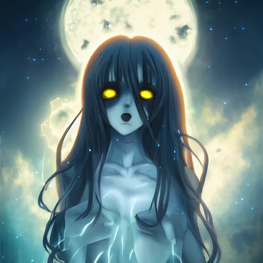 Prompt: gothic scream anime girl, night time, fire flies, epic, surreal atmosphere, nebula, award winning, 8 k, extremely detailed,