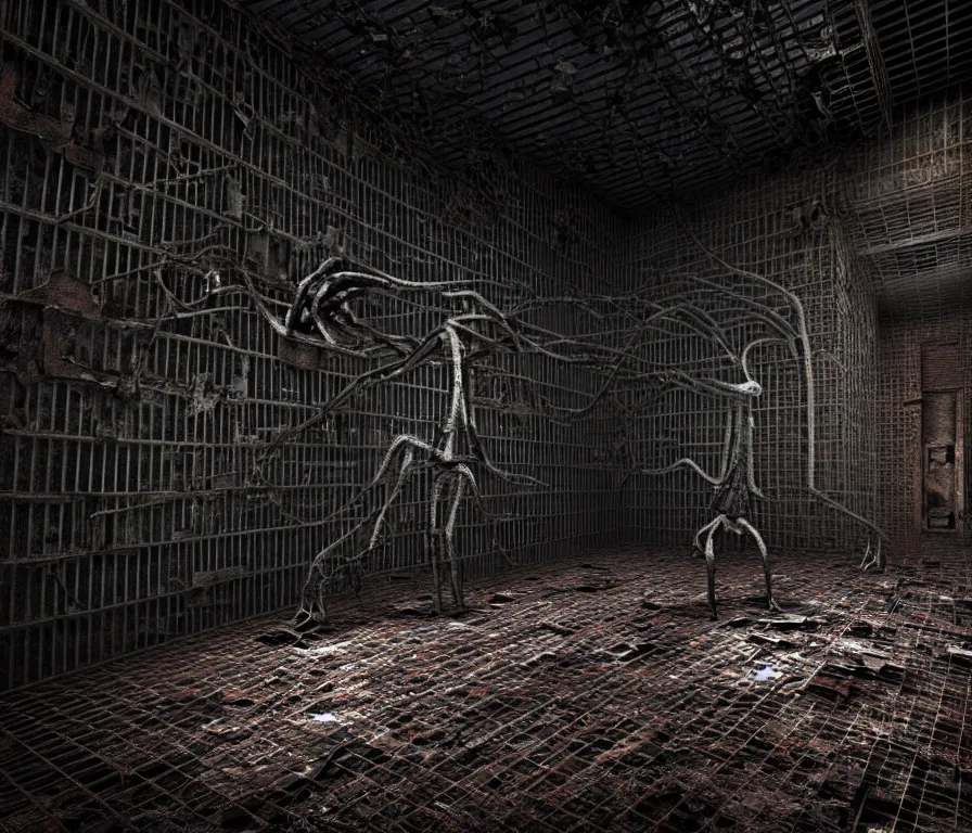 Prompt: creepy huge humanoid with long limbs sits on the floor. An underground very dark gloomy multi-layered structure of rusty thick iron grates, dense chain-link fencing and peeling walls. Inside view, collapsed floors, bent rusted iron, masterpiece, black background, corners, cinematic, hyperdetailed, photorealistic, hyperrealism, octane render, 8k, depth of field, bokeh, architecture, shadows, art by Zdzisław Beksiński, Arthur Rackham, Dariusz Zawadzki