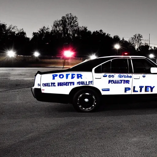 Prompt: candid nighttime photo of a county sheriff livery police car dodge charger parked in an empty parking lot at night dark midnight