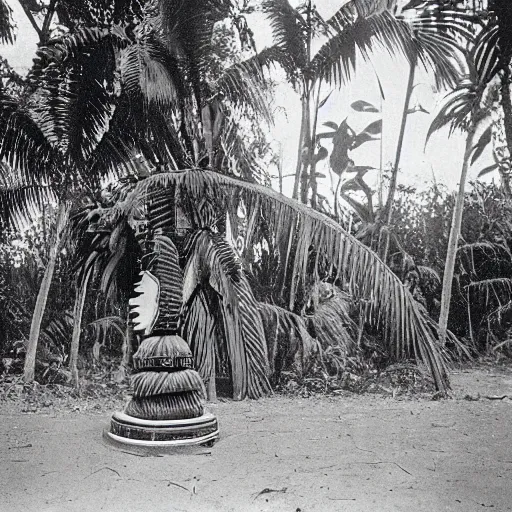 Image similar to lost film footage of a sacred indigenous artifact in the middle of the ( ( ( ( ( ( ( ( ( ( tropical jungle ) ) ) ) ) ) ) ) ) ) / ethnographic object / film still / cinematic / enhanced / 1 9 0 0 s / black and white / grain