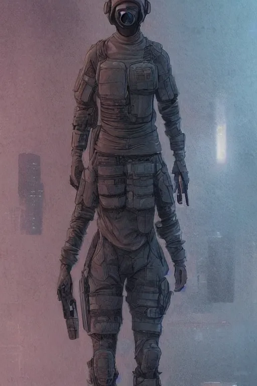 Prompt: Sara the ghost. blackops mercenary in near future tactical gear and cyberpunk headset. Blade Runner 2049. concept art by James Gurney and Mœbius.