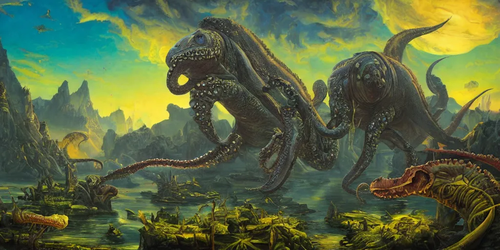 Image similar to fantasy oil painting, great leviathan, cybernetic turtle cephalopod terrapin reptilian pachyderm squid, bella hadid, hybrid, milla jovovich, anubis, epic natural light, lush plants flowers, spectacular mountains, bright clouds, luminous sky, outer worlds, golden hour, michael cheval, edward hopper, michael whelan, vray, hd