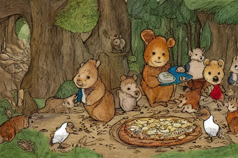 Image similar to a detailed and lively children's book illustration by beatrix potter of lots of woodland animals having a pizza party in the woods. a big pizza oven is tended by a large brown grizzly bear, and a stork flies above. digital art, trending on artstation.