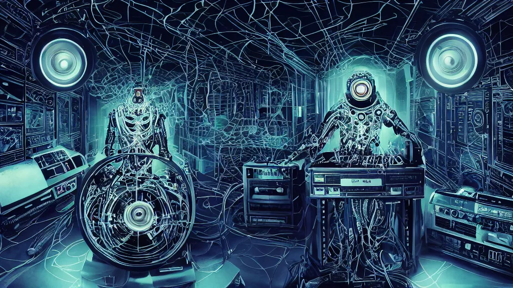 Prompt: paranoid cyborg with stereo boom box radiohead, attached by glowing neural synapses to musical component wall, symmetrical details, powerful, halfrear lighting, backlight, volumetric lighting, glassy, post - production, insanely detailed and intricate, hypermaximalist, elegant, ornate, hyper realistic, super detailed, radioactive particles, 8 k resolution, insane composition