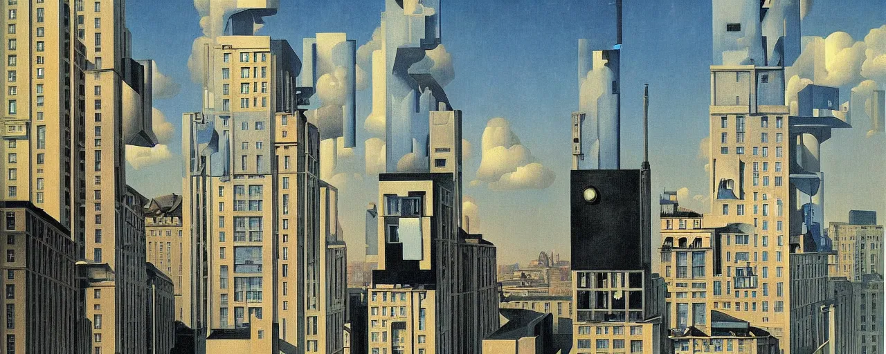 Image similar to hotel in a cyberpunk city, dada, rene magritte, highly detailed