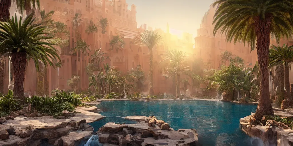 Prompt: beautiful oasis waterfalls surrounded by palm trees, Moroccan tile archways, date trees, ivory towers, sun setting, ross tran, nephilim, pyroclastic flow, ethereal, fantasy, James Jean, oozium, peter morbacher, angelarium, alchemy, luxury, heavenly light, Soft illumination, Trending on artstation, Cinematic Lighting, digital painting, octane render, artgerm