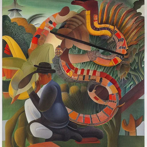 Image similar to high quality, high detail painting, dutch masterpiece, isamu noguchi, film noir, diego rivera, high garden scene with quetzalcoatl, hd, muted lighting