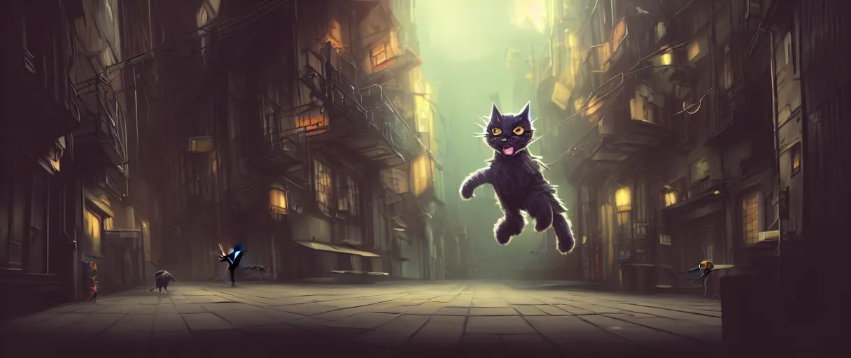 Image similar to hyper detailed concept art of a cute flooffy 3d catman jumping on a dark city alley sharp cinematic lighting 8k low angle shallow depth of field