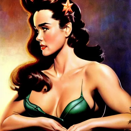 Image similar to frank frazetta jennifer connelly pin up, full body, 8 k, realistic, photo real, smooth, sharp, intricate detail, hyper detail, dramatic lighting, dramatic shading