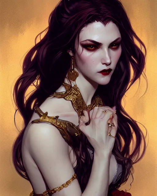 Prompt: female vampire, perfect face, gold corset, cinematic, stunning, highly detailed, digital painting, artstation, smooth, hard focus, illustration, art by artgerm and greg rutkowski and alphonse mucha