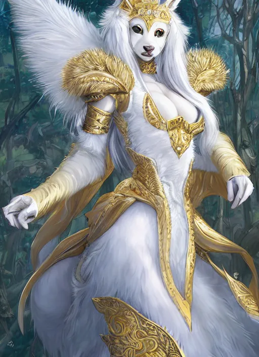 Image similar to commissioned full body furry portrait of a female anthro wolf-headed princess fursona with white hair wearing a white and gold chinese armored dress in a white and gold palace, by a professional manga illustrator, Stanley Artgerm Lau, WLOP, Rossdraws, James Jean, Andrei Riabovitchev, Marc Simonetti, and Sakimichan, trending on artstation