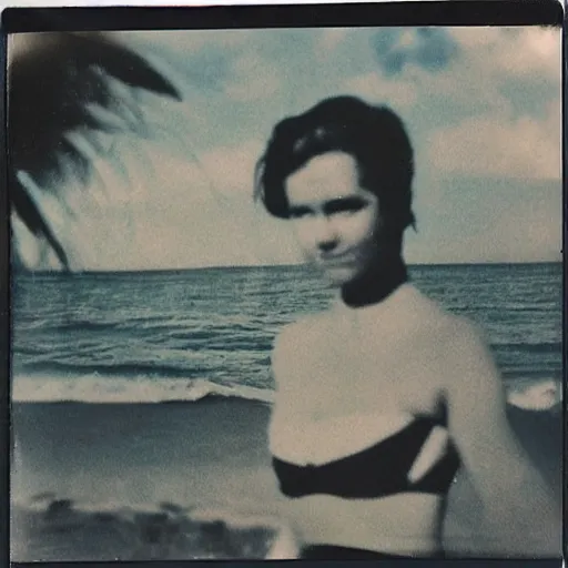 Image similar to a very beautiful old polaroid picture of a young women at the beach, award winning photography