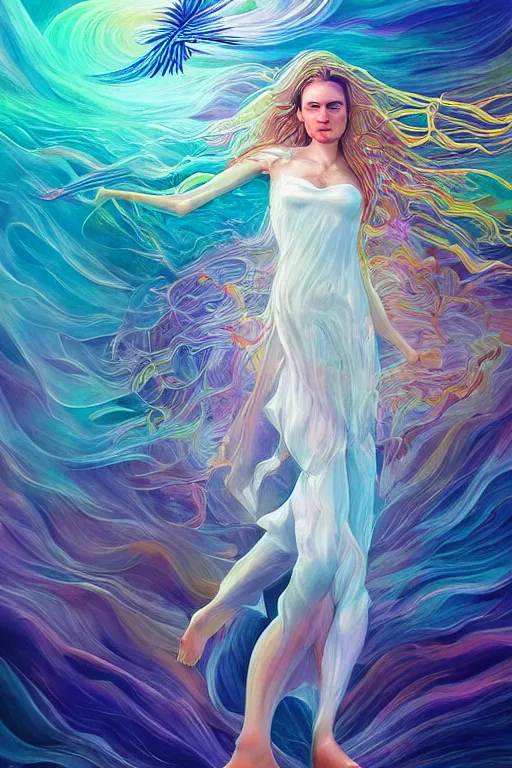 Image similar to overdetailed maximalist fullbody portrait of a beautiful female energy being transcending to her true form while floating over a surreal landscape. Made by oozium, inspired by silvio vieira, overpainted by loish. 8k 3d realistic render. Bright, sacred, spiritual, dawn, backlit, calm, relaxed, dynamic, ethereal, arcane, intricate, mysterious, dramatic, cinematic. Seen from below overpainted by erica robin and cameron gray