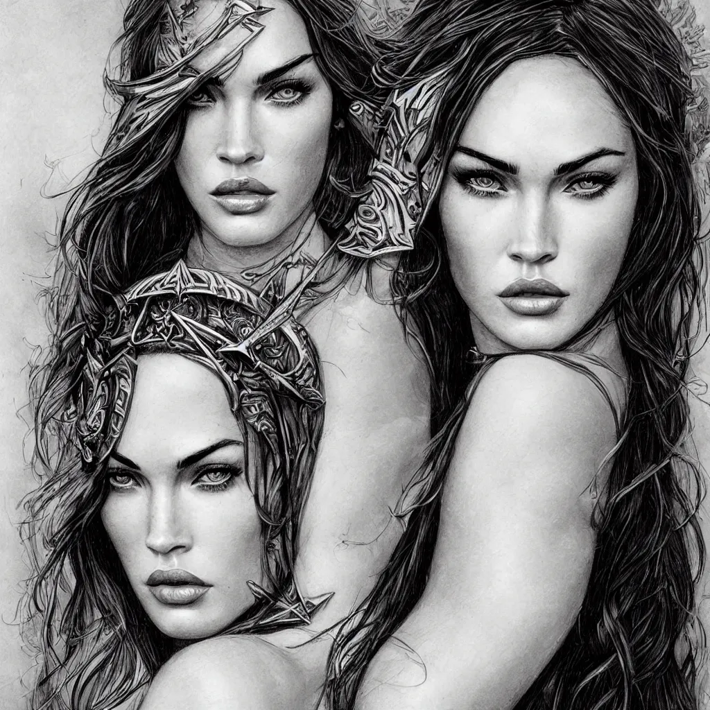 Image similar to portrait of beautiful megan fox as greek goddess aphrodite, archer, arrow on the head, beautiful piercing eyes, flowing blonde hair, realistic face, black and white drawing, in the style of greg rutkowski, fantasy, amazing detail, epic, intricate, elegant, smooth, sharp focus