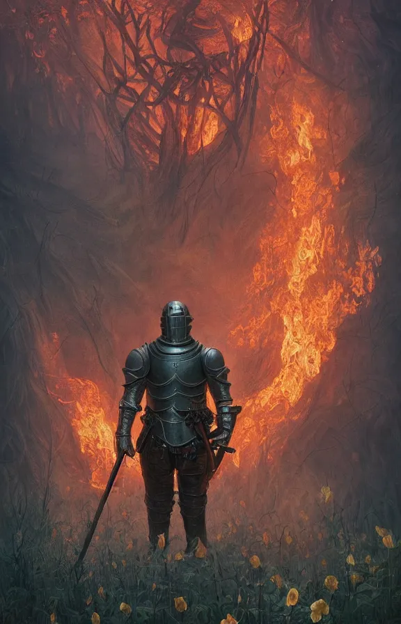 Image similar to portrait of a knight among flowers in dark forest, surrounded by fire and smoke, moody, rim light, dynamic lighting, cinematic shot, gritty, ultra - detail, renderman, physically based render, jean delville, gustave dore and marco mazzoni