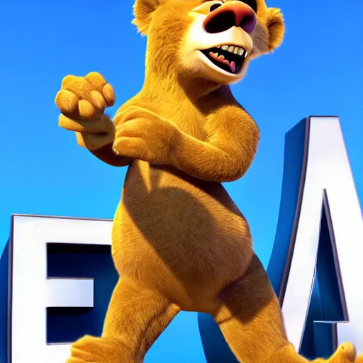 Prompt: pixar lion holding up text letters f, a, l, c, o, n, i,