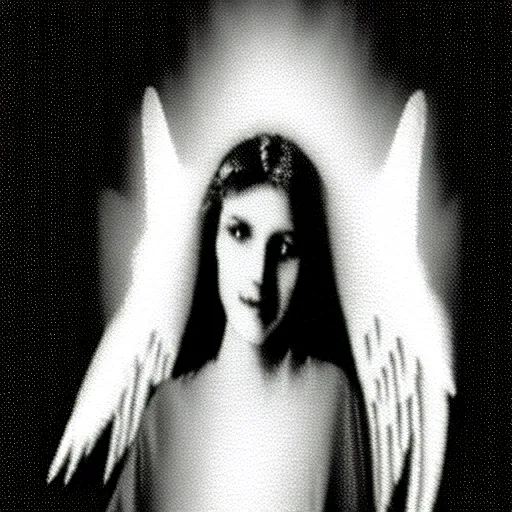 Image similar to vhs static overlay of angel apparition, vhs, 1 9 9 0, highly realistic, highly detailed, vhs noise static, black and white, vhs glitch