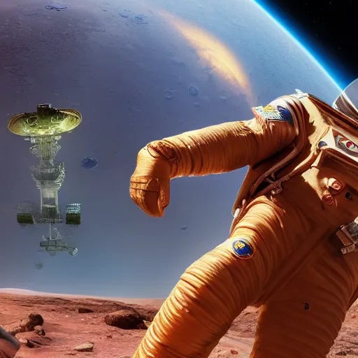 Prompt: extreme long shot of a soviet cosmonaut in mars, mets aliens cordially peacefully, cccp international space station in the background, sovietwave aesthetic, sci fi, soviet futurism, socialist realism, volumetric lighting, ultra detailed, hyperrealistic, photoshopped, octane render, 8 k, high resolution
