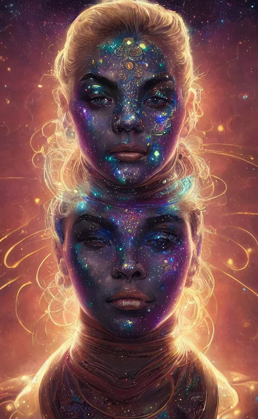 Image similar to portrait of a cosmic goddess, suit made out of stars and galaxies and cosmic energy, intricate, headshot, highly detailed, digital painting, artstation, concept art, sharp focus, cinematic lighting, illustration, art by artgerm and greg rutkowski, alphonse mucha, cgsociety