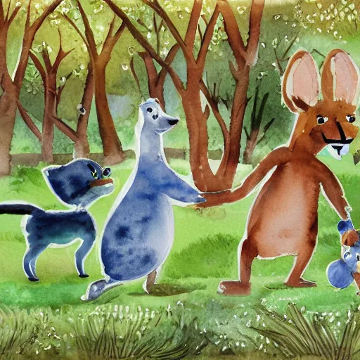 Image similar to Storybook illustration of anthropomorphic animals playing in the park, watercolor style