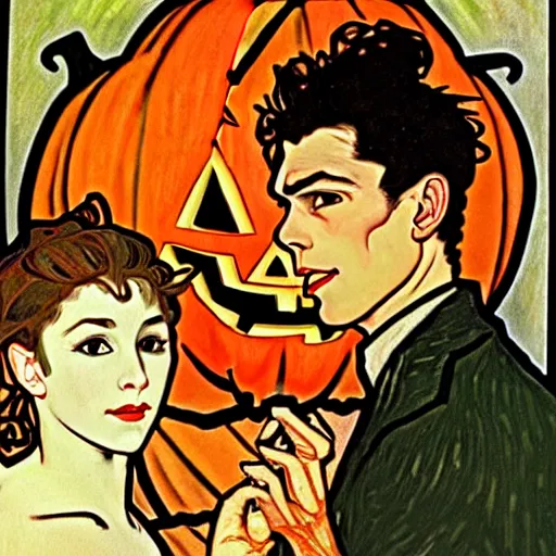 Image similar to painting of handsome young beautiful jeff and gorgeous rina together at the jack o'lantern halloween party, elegant, clear, painting, stylized, art, art by alphonse mucha, vincent van gogh, egon schiele,