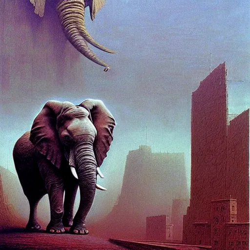 Image similar to a giant elephant stands over a city painting by beksinski, barlowe colors. masterpiece painting