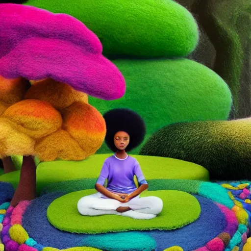 Image similar to a black girl with a colorful afro and big beautiful eyes meditating in an african zen garden with a waterfall!! and a baobab tree, bokeh!, bright colors, synthwave, watercolor, volumetric wool felting, felt, macro photography, children illustration, by goro fujita