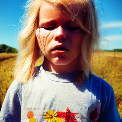 Prompt: Midsommar cult portrait of child with blond hair crying under harsh sunlight cinematic lighting film still