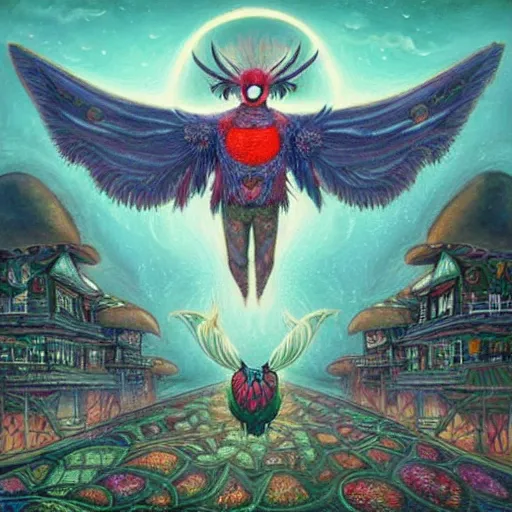 Image similar to A centered chest up portrait of a psychedelic godlike mothman with giant mandala wings smoking a hand-rolled cigarette smoking heavily , magic mushroom village in background , award winning. superb resolution. in the art style of junji Ito and greg rutkowski . Detailed Mushroom city in background. Hyper realistic anime. Perfect art. Dalle2