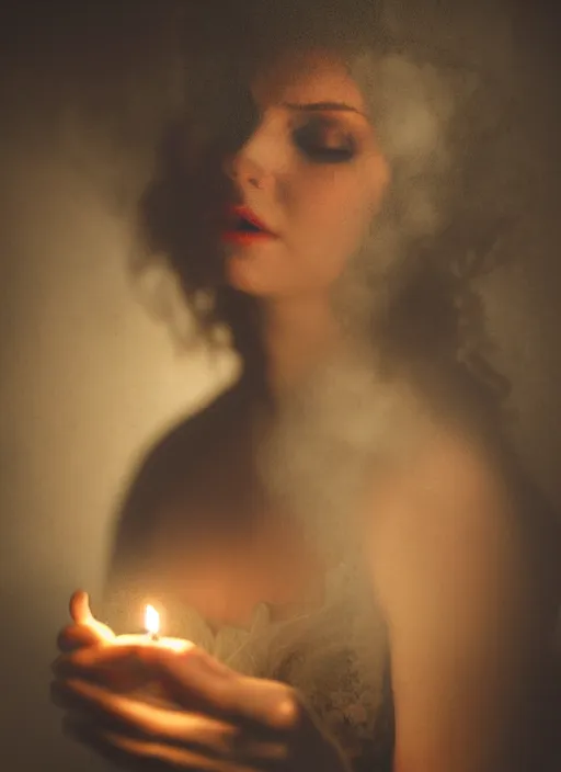 Image similar to a photo of a woman in a dark room wearing lace smoking a cigarette advertisement photography by mucha, candlelight, smoke, mist, extremely coherent, sharp focus, elegant, sharp features, render, octane, detailed, award winning photography, masterpiece, rim lit