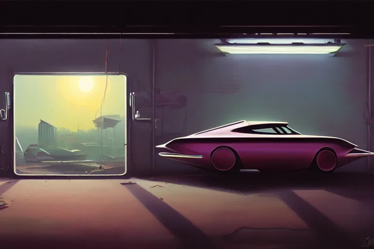 Image similar to a cinematic matte painting of a sleek 1 9 6 0 s vaporwave retro - futurism sci - fi car in a cluttered garage in mumbai. by eric lafforgue, glennray tutor and edward hopper, greg rutkowski. trending on artstation.