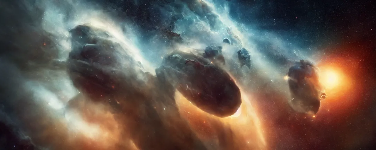 Image similar to movie still, thin galactic horizon, a dark epic galaxy, space scene, dark scifi, unreal engine, octane render, detailed and intricate, global illumination, volumetric lighting, hubble telescope images, james webb telescope images, houdini fluid simulation, detailed and intricate environment