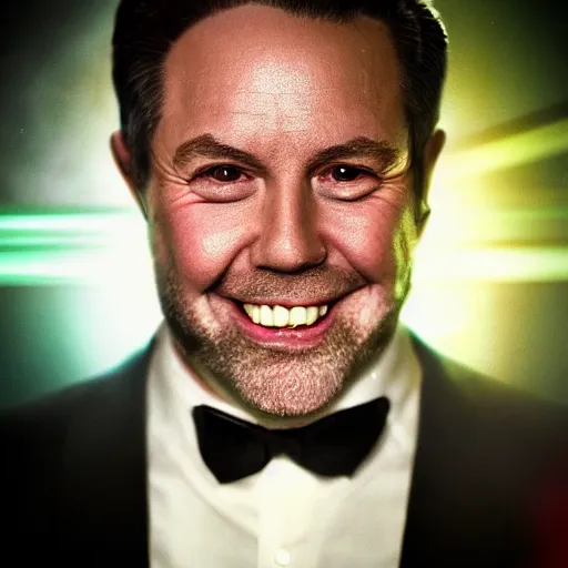 Prompt: an ultra realistic, cinematic headshot portrait of sleazy hollywood agent gary murdoch, smiling, facial features, detailed, deep focus, vaporwave background, movie still, dramatic lighting, realistic, by michal karcz and yoshitaka