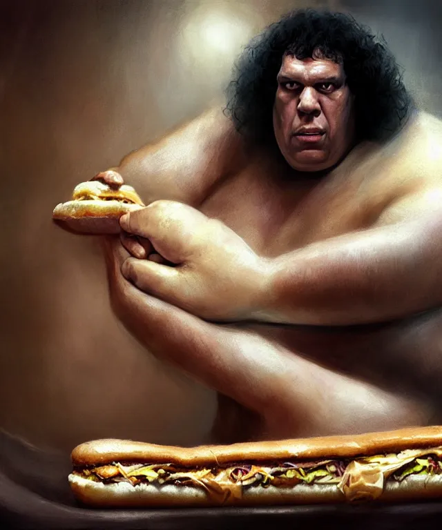 Prompt: andre the giant, cinematic, in a bathtub, holding a footlong sub sandwich, elegant, highly detailed, digital painting, artstation, smooth, hard focus, illustration, art by jessica rossier and and brian froud