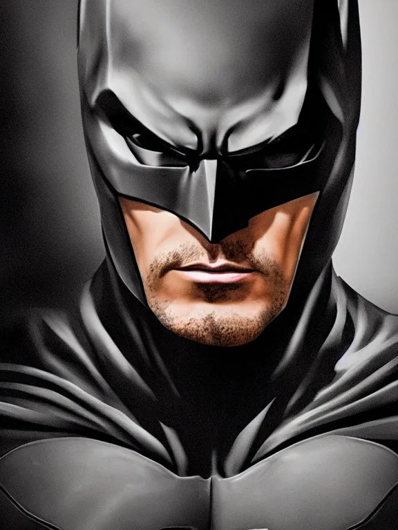 Prompt: portrait, ryan renolds as batman, hyperrealism, moody lighting, intricate, 8 k