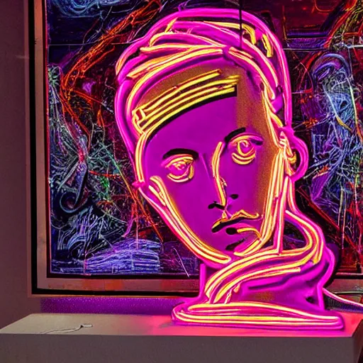 Image similar to renaissance statue surrounded by neon abstract art, highly detailed