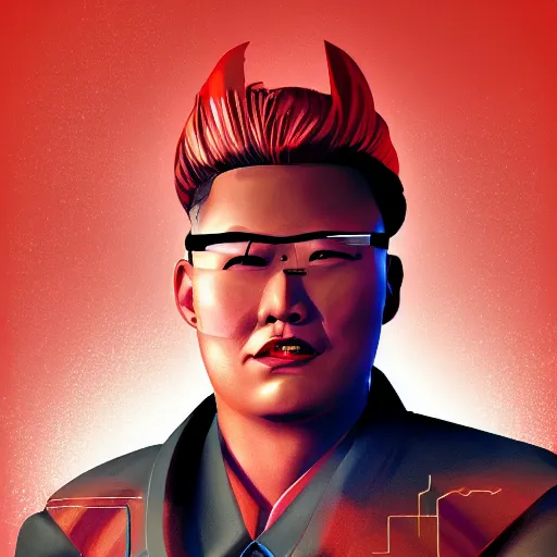 Prompt: cyberpunk kim jong ill as the leader of a futuristic communist nation, cybernetics, sharp lines, digital, artstation, colored in