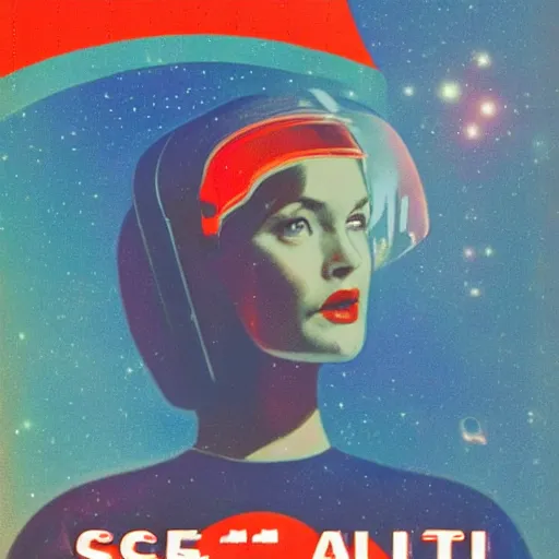 Image similar to vintage sci-fi book cover, a beautiful woman in a spacesuit, warm azure tones, red color bleed, light effects, lit from behind, film grain