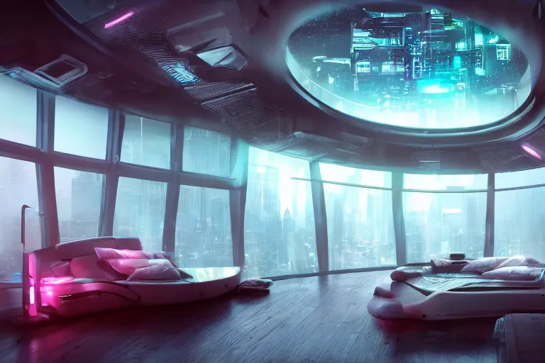 Image similar to a futuristic bedroom with large curved ceiling high windows looking out to a far future cyberpunk cityscape, cyberpunk neon lights, raining, scifi