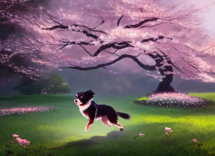 Image similar to animation key shot, black tibetan spaniel, jumping, cherry blossoms in background, studio ghibli, pixar, disney animation, sharp, by greg rutkowski, bloom, dramatic lighting