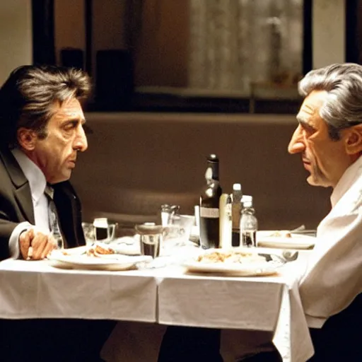 Image similar to movie still of the dinner scene in Heat, al pacino and robert de niro as old men, cinematic,