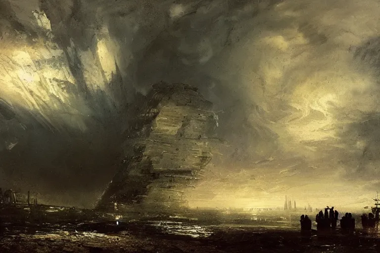 Prompt: awesome landscape rain by peder balke with an alien structure with vehicles and lights by hrgiger