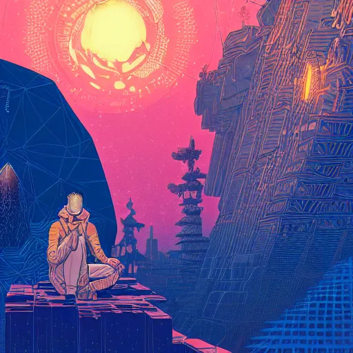 Prompt: Stunningly intricate illustration of a cyberpunk explorer meditating next to a floating triangular glowing monolith, highly detailed, midnight, by Victo Ngai and James Gilleard , Moebius, Laurie Greasley