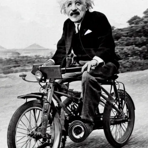 Image similar to Albert Einstein driving a Speeder Bike