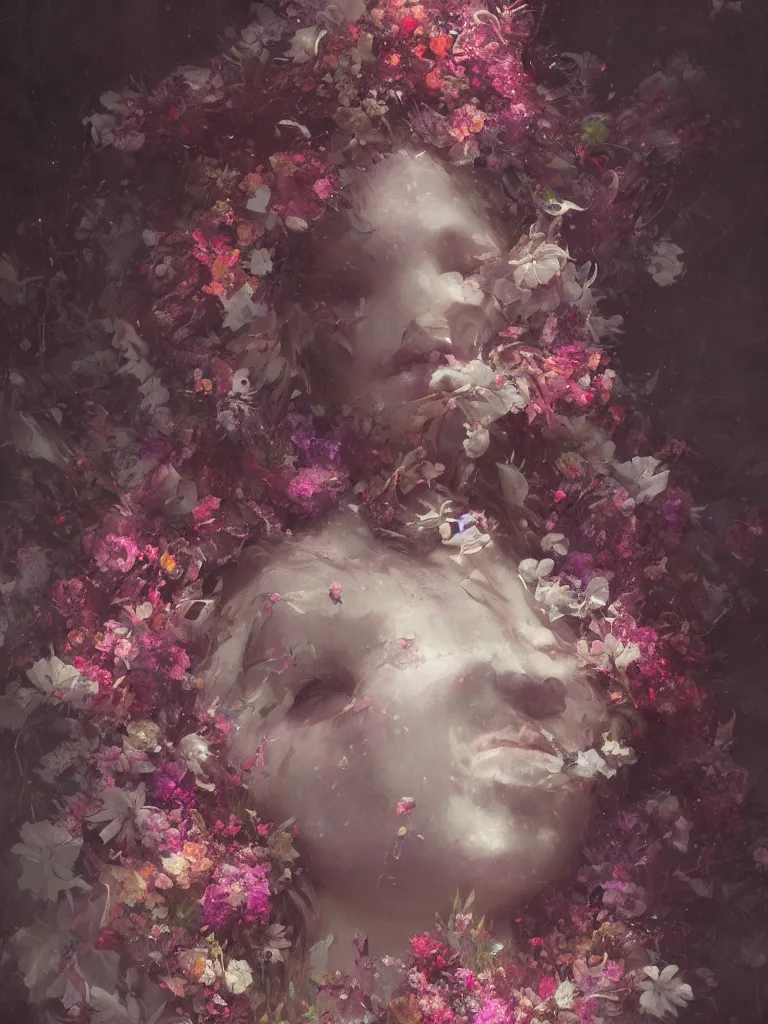 Image similar to a beautiful terrifying girl made of flowers. ethereal horror fantasy art by greg rutkowski and magali villanueve and monet, concept art, smooth, cinematic lighting, 8 k resolution