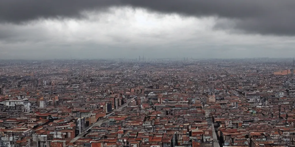 Prompt: a big industrial city metropoli in the distance, cloudy sky