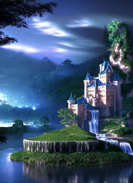 Image similar to magical castle, waterfall, river, nighttime, scenery wallpaper aesthetic, manga style, perspective view, beautiful, cinematic, dramatic, super detailed and intricate, hyper realistic, 4 k render, by kentaro miura, by koson ohara, by darwyn cooke